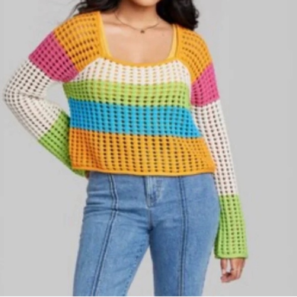 Wild Fable Multicolor Stripe Pointelle Knit Crop Sweater NEW Large Flare Sleeve